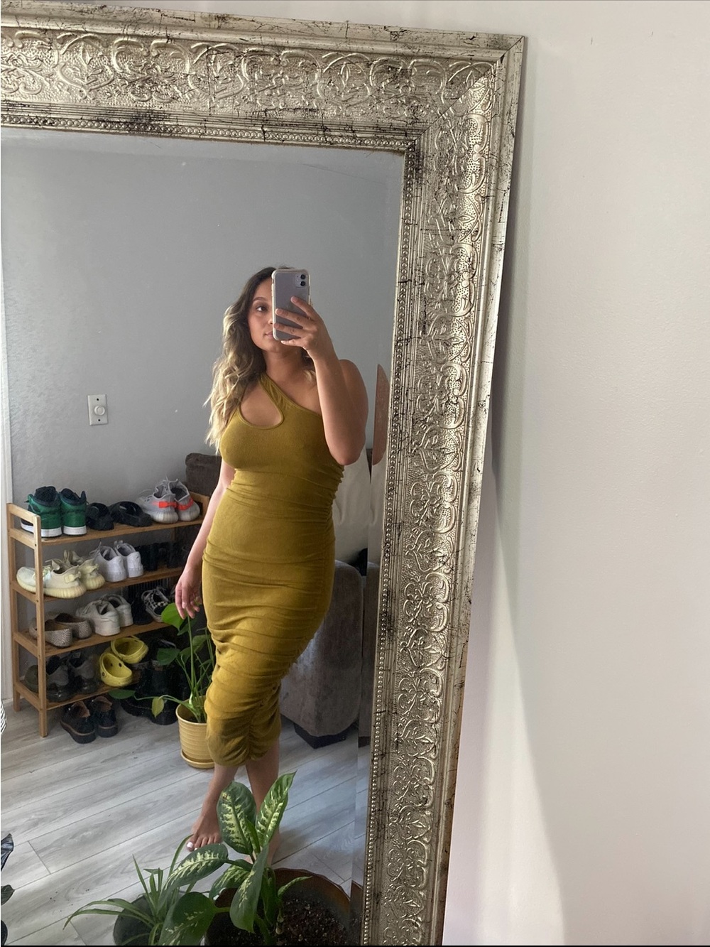 Asymmetrical Olive Green Ruched Tank Dress